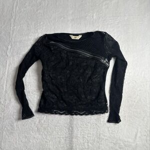 VTG Sagaie Sheer Long Sleeve Zipper Black Top Women's Check Measurements Mesh‎